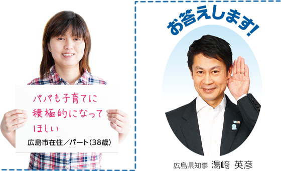 パパも子育てに積極的になってほしい 広島市在住/パート（38歳） お答えします！ 広島県知事 湯﨑 英彦 