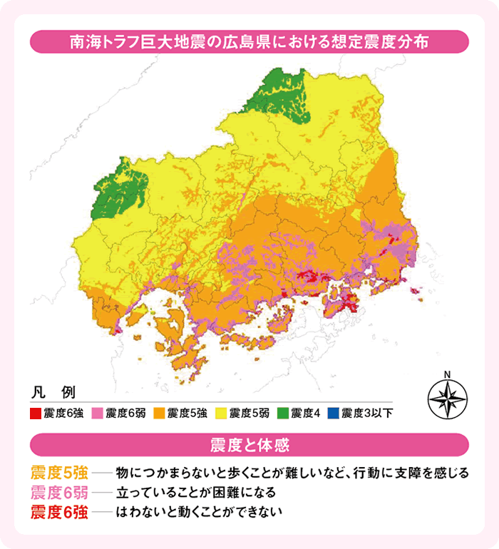 南海トラフ巨大地震の広島県における想定震度分布 震度と体感  震度5強―物につかまらないと歩くことが難しいなど､行動に支障を感じる 震度6弱―立っていることが困難になる 震度6強―はわないと動くことができない