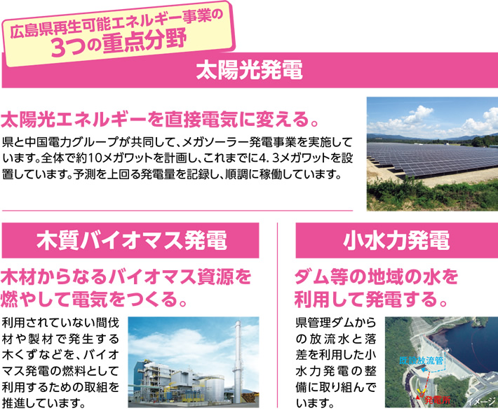 広島県再生可能エネルギー事業の3つの重点分野　太陽光発電　太陽光エネルギーを直接電気に変える。県と中国電力グループが共同して、メガソーラー発電事業を実施しています｡全体で約10メガワットを計画し、これまでに4.3メガワットを設置しています。予測を上回る発電量を記録し、順調に稼働しています。　木質バイオマス発電　木材からなるバイオマス資源を燃やして電気をつくる。利用されていない間伐材や製材を発生する木くずなどを、バイオマス発電の燃料として利用するための取組を推進しています。　小水力発電　ダム等の地域の水を利用して発電する。県管理のダムからの放流水と落差を利用した小水力発電の整備に取り組んでいます。