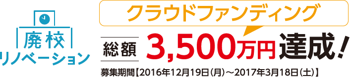 廃校リノベーション　クラウドファンディング　総額3,500万円達成！　募集期間【2016年12月19日（月）～2017年3月18日（土）】