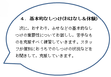 基本的なしつけ。苦手克服トレーニング。スタッフがお手伝いします。