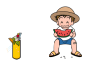 子供がスイカを食べている絵