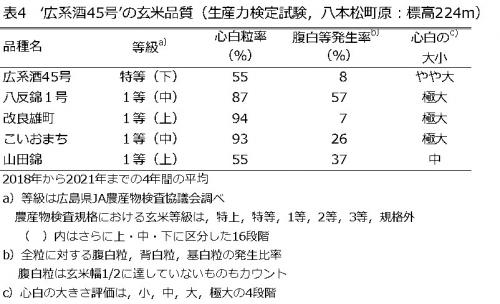 表4　広系酒45号の玄米品質