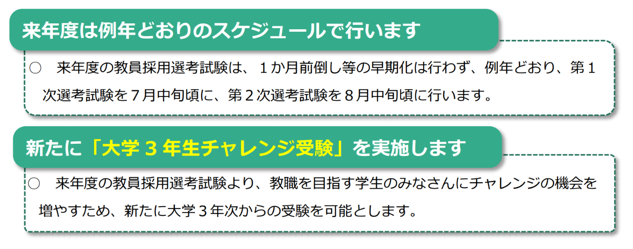 来年度は例年どおりのスケジュールで行います新たに「大学3年生チャレンジ受験」を実施します