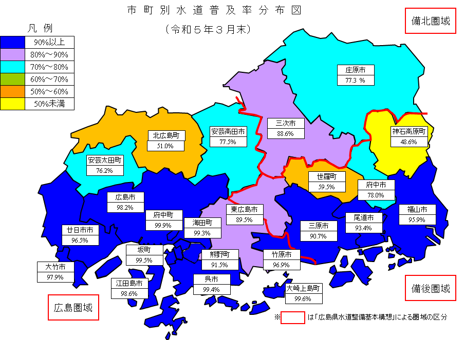 令和5年3月末の市町別水道普及率分布図