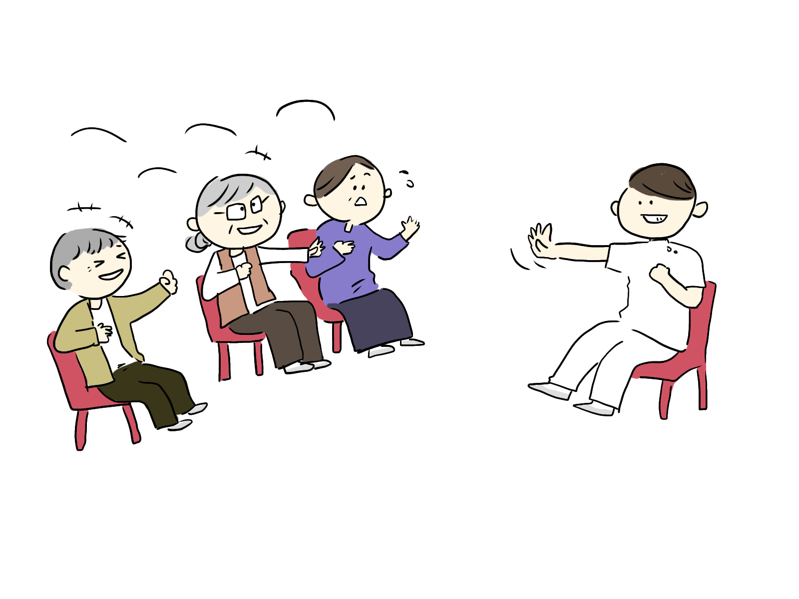 集まって脳トレをしているイラスト