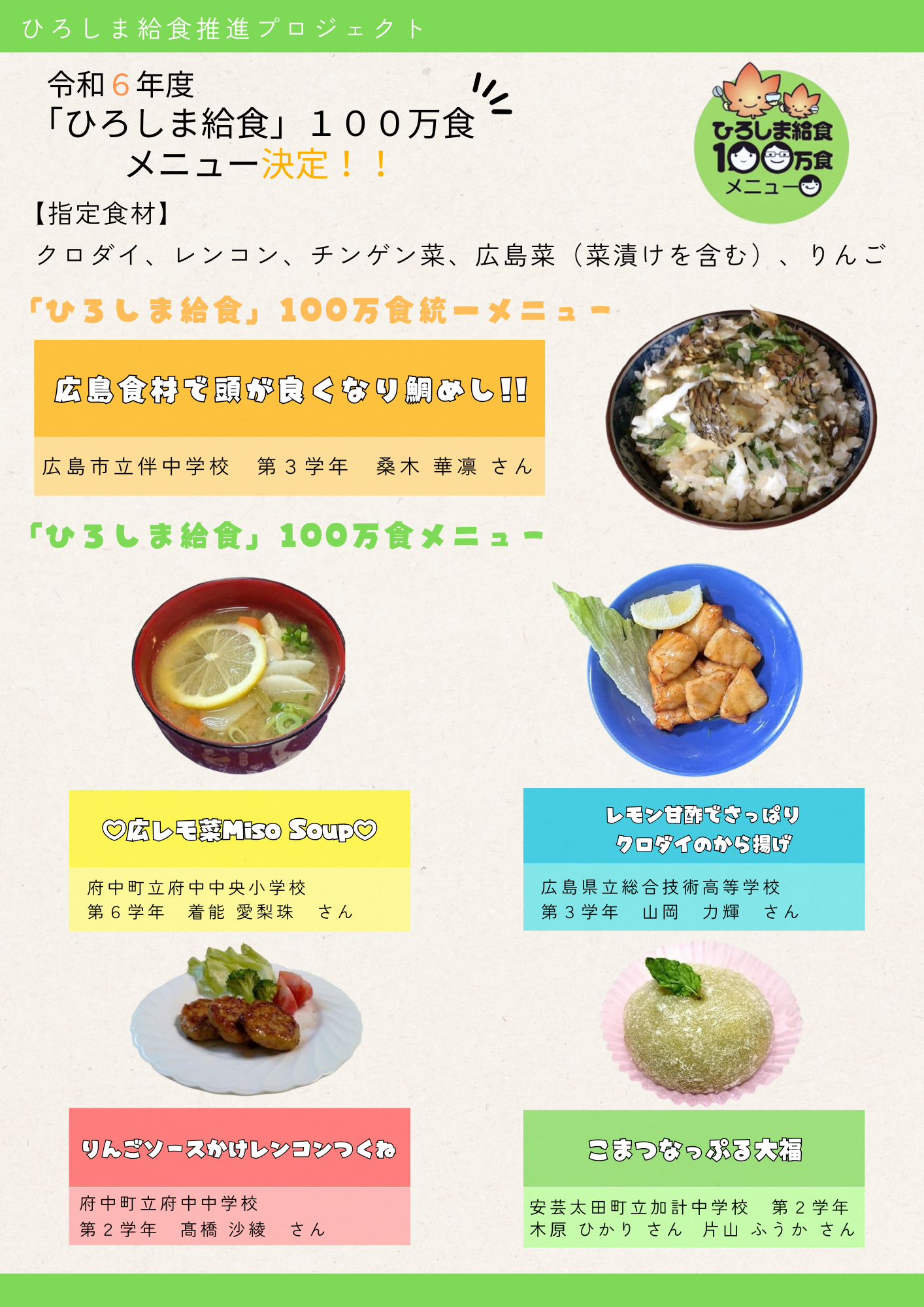 「ひろしま給食」100万食メニュー