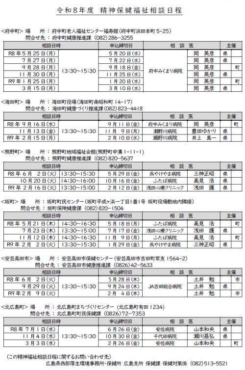 令和８年度精神保健福祉相談日程