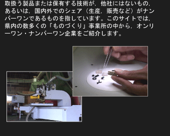 オンリーワン・ナンバーワン企業とは？取扱う製品または保有する技術が，他社にはないもの，あるいは，国内外でのシェア（生産，販売など）がナンバーワンであるものを指しています。このサイトでは，県内の数多くの「ものづくり」事業所の中から，オンリーワン・ナンバーワン企業をご紹介します。